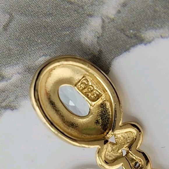 18k Yellow Gold Plated Silver Genuine Blue Topaz Diamond Dangle Hook Earrings - Picture 5 of 7